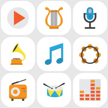 Müzik düz simgeler kümesi. Sesi, Karaoke, grup öğeleri koleksiyonu. Ayrıca oyun, yayın, gramofon gibi simgeler içerir.