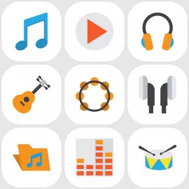 Ses düz simgeler kümesi. Kulaklık, kontrol, düğme ve diğer öğeleri koleksiyonu. Ayrıca düğme, gitar, arşiv gibi simgeler içerir.