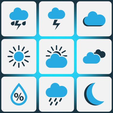 Doğa Icons Set renkli. Nem, yıldırım, bulutlu ve diğer öğeleri koleksiyonu. Sis, nem, Çiseleme gibi semboller de içerir.