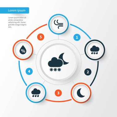 İklim Icons Set. Meltem, Moon, yağmurlu ve diğer öğeleri koleksiyonu. Ayrıca hava, Rüzgar, ay ışığı gibi simgeler içerir.