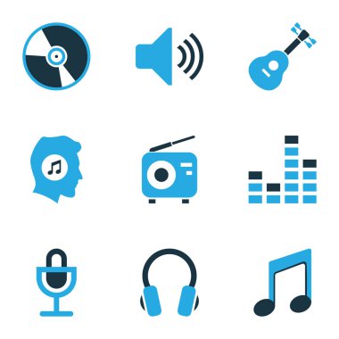 Müzik Icons Set renkli. Not, Mikser, gitar ve diğer öğeleri koleksiyonu. Ayrıca ses, müzik, ses gibi simgeler içerir.