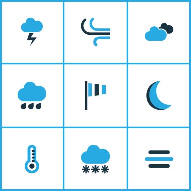 Doğa Icons Set renkli. Rüzgar hızı, esinti, gece ve diğer öğeleri koleksiyonu. Ayrıca hava, gece, esinti gibi simgeler içerir.