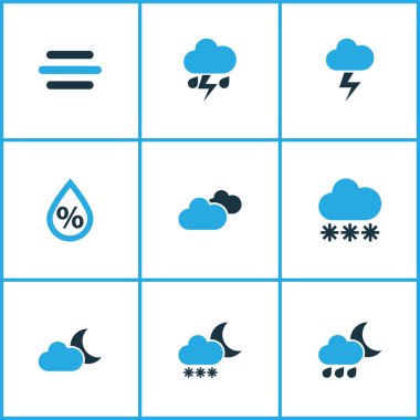 Meteoroloji Icons Set renkli. Kaçak içki, fırtına, nem ve diğer öğeleri koleksiyonu. Ayrıca hava, fırtına, yağmur gibi simgeler içerir.