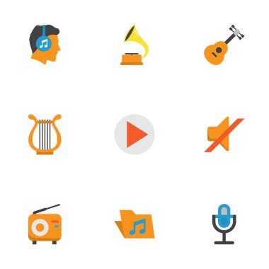 Ses düz simgeler kümesi. Akustik, Portföy, Karaoke ve diğer öğeleri koleksiyonu. Ayrıca erkek, ses, mikrofon gibi simgeler içerir.