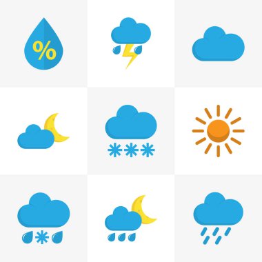 Hava düz simgeler kümesi. Drizzles, bulut, damla ve diğer öğeleri koleksiyonu. Ayrıca bulut, kış, kar gibi simgeler içerir.