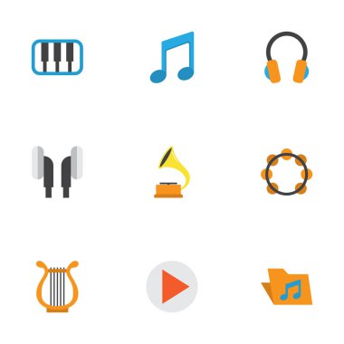 Müzik düz simgeler kümesi. Kulaklık, Sonata, düğme ve diğer öğeleri koleksiyonu. Ayrıca kulaklık, kulaklık, arşiv gibi simgeler içerir.