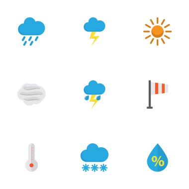 İklim düz simgeler kümesi. Sıcaklık, güneş, rüzgarlı ve diğer öğeleri koleksiyonu. Ayrıca kış, rüzgarlı, salgın gibi simgeler içerir.