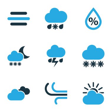 Meteoroloji Icons Set renkli. Nem, Rüzgar, bulutlu ve diğer öğeleri koleksiyonu. Ayrıca Blizzard, nem oranı, bulutlu gibi simgeler içerir.
