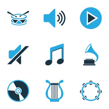 Müzik Icons Set renkli. Güç, sessiz, oyun ve diğer öğeleri koleksiyonu. De gramofon, Cd, başlangıç simgeleri içerir.