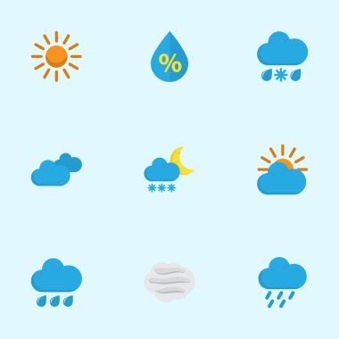 Doğa düz simgeler kümesi. Güneş, Drizzles, damla ve diğer öğeleri koleksiyonu. Ayrıca güneş damla, yağmurlu, gibi simgeler içerir.