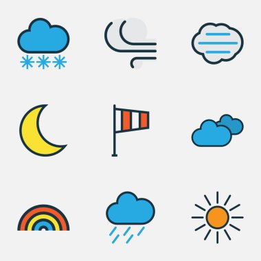 Doğa renkli anahatlar ayarla. Gökkuşağı, rüzgarlı, Puslu ve diğer öğeleri koleksiyonu. Ayrıca güneş gibi simgeler içerir güneş, ay.