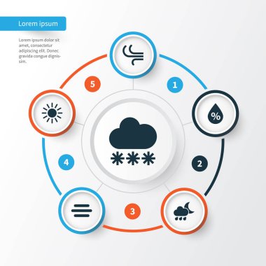 Hava Icons Set. Karlı, pus, güneş ve diğer öğeleri koleksiyonu. Ayrıca Haze, bulut, güneşli gibi simgeler içerir.