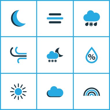 Meteoroloji Icons Set renkli. Sis, Blizzard, Rüzgar ve diğer öğeleri koleksiyonu. Ayrıca renklilik, ay ışığı, gökkuşağı gibi simgeler içerir.