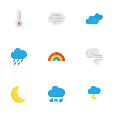 Meteoroloji düz simgeler kümesi. Yay, flaş, sıcaklık ve diğer öğeleri koleksiyonu. Ayrıca yıldırım, termometre, yay gibi simgeler içerir.