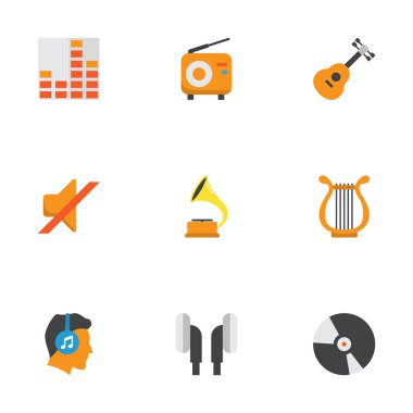 Müzik düz simgeler kümesi. Erkek, Shellac, sessiz ve diğer öğeleri koleksiyonu. Ayrıca araç, Sonata, ses gibi simgeler içerir.