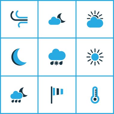 Doğa Icons Set renkli. Kaçak içki, Rüzgar hız, Rüzgar ve diğer öğeleri koleksiyonu. Ayrıca güneş gibi simgeler, Bora, sıcaklık içerir.