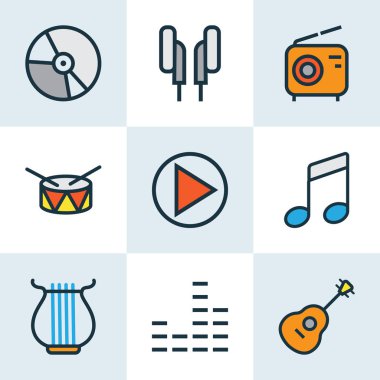 Ses renkli anahatlar küme. Set, daire, dizeleri ve diğer öğeleri koleksiyonu. Ayrıca davul, gitar, aygıt gibi simgeler içerir.