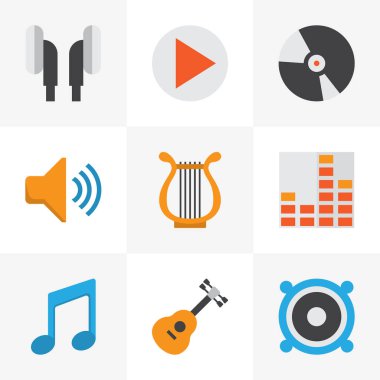 Multimedya düz simgeler kümesi. Ses, akustik, kontrol ve diğer öğeleri koleksiyonu. Ses, ARP, oynamak gibi semboller de içerir.