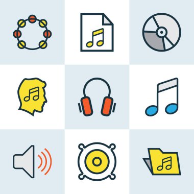 Ses renkli anahatlar küme. Ses, kulaklık, tef ve diğer öğeleri koleksiyonu. Ayrıca liste, düzey, notlar gibi simgeler içerir.