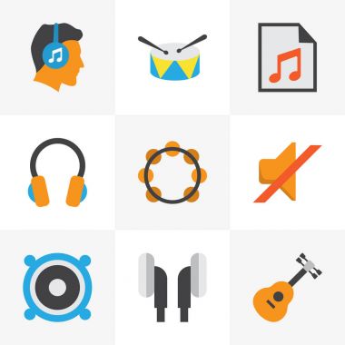 Ses düz simgeler kümesi. Medya, ritim, kulaklık ve diğer öğeleri koleksiyonu. Ayrıca medya, müzik grubu, liste gibi simgeler içerir.