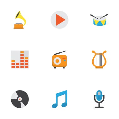 Ses düz simgeler kümesi. Yayın, Sonata, grup öğeleri koleksiyonu. Ayrıca perküsyon, mikrofon, ekolayzer gibi simgeler içerir.