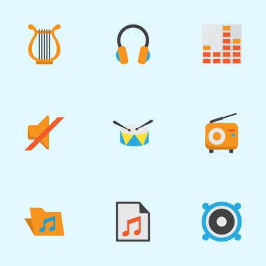 Ses düz simgeler kümesi. Hoparlör, yayın, sessiz ve diğer öğeleri koleksiyonu. Ayrıca ses, kulaklık, arşiv gibi simgeler içerir.