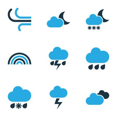 Hava renkli simgeler kümesi. Yağmur, şimşek, bulutlu gökyüzü ve diğer öğeleri koleksiyonu. Ayrıca yağış, Blizzard, cıvata gibi simgeler içerir.