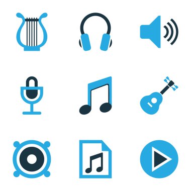Multimedya renkli simgeler kümesi. Gitar, hoparlör, Harp ve diğer öğeleri koleksiyonu. Ayrıca mikrofon, ses, müzik gibi simgeler içerir.