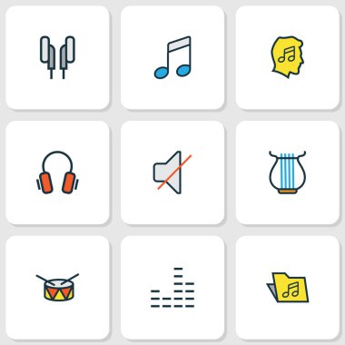 Multimedya renkli anahatlar küme. Mikser, sevgilisi, ses ve diğer öğeleri koleksiyonu. Ayrıca kulaklık, sevgilisi, notlar gibi simgeler içerir.