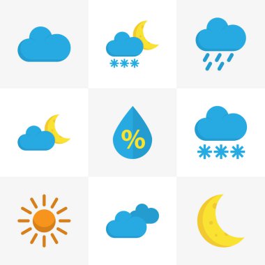 Doğa düz simgeler kümesi. Bulut, Moon, hilal ve diğer öğeleri koleksiyonu. Ayrıca simgeleri gibi bulutlu, Moon, Hail içerir.