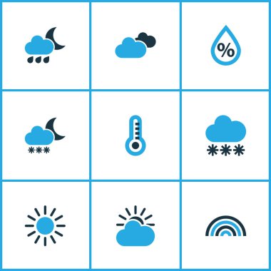 İklim Icons Set renkli. Koleksiyon güneşli, bulutlu, kar yağışı ve diğer öğeleri. Ayrıca gökkuşağı, yaz, güneş gibi simgeler içerir.
