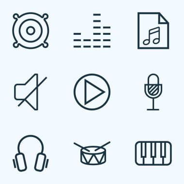 Müzik ana hatlarıyla seti. Amplifikatör, sessiz, varil ve diğer öğeler topluluğu. Ayrıca davul, amplifikatör, ekolayzer gibi simgeler içerir.