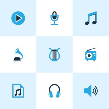 Müzik Icons Set renkli. Oyun, mikrofon, ses ve diğer öğeleri koleksiyonu. Ayrıca hoparlör, hacim, Fm gibi simgeler içerir.
