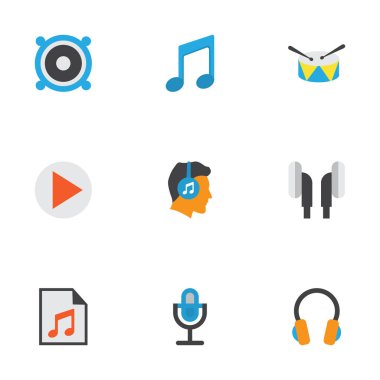 Ses düz simgeler kümesi. Karaoke, medya, müzik grubu öğeleri koleksiyonu. Begin, medya, liste olarak da simgeler içerir.