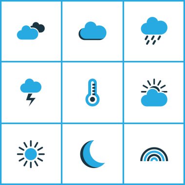 Hava renkli simgeler kümesi. Gece, güneşli topluluğu, sis ve diğer öğeleri. Çiseleyen yağmur, termometre, bulutlu gibi semboller de içerir.