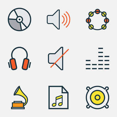 Ses renkli anahatlar küme. Tef, hoparlör, kulaklık ve diğer öğeleri koleksiyonu. Ayrıca, tef, enstrüman, hoparlör gibi simgeler içerir.