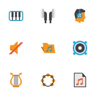 Müzik düz simgeler kümesi. Portföy, kulaklık, erkek ve diğer öğeleri koleksiyonu. Ayrıca Filarmoni Orkestrası, liste, müzik gibi simgeler içerir.