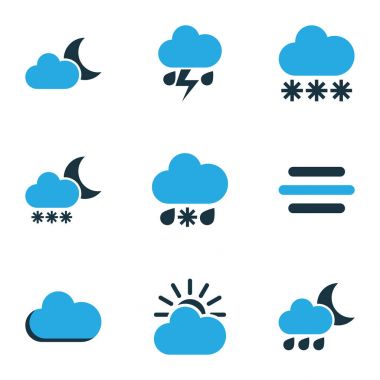 Doğa Icons Set renkli. Kaçak içki, bulutlu, meltem ve diğer öğeleri koleksiyonu. Ayrıca Bora, Rüzgar, kaçak içki gibi simgeler içerir.