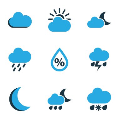 Meteoroloji Icons Set renkli. Fırtına, çiseleyen yağmur, kaçak içki ve diğer öğeleri koleksiyonu. Ayrıca sis, fırtına, bulutlu gibi simgeler içerir.