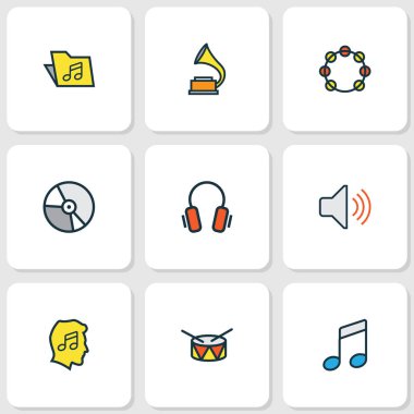 Ses renkli anahatlar küme. Birim, varil, gramofon ve diğer öğeleri koleksiyonu. Ayrıca şablon, müzik, düzeyi gibi simgeler içerir.