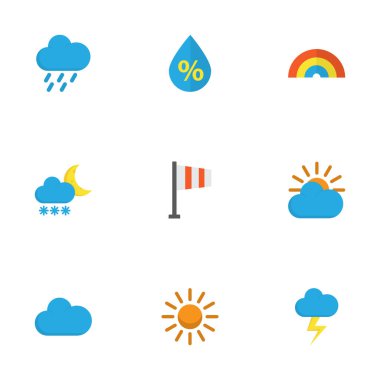 Hava düz simgeler kümesi. Koleksiyonu Ayaz, güneşli, duş ve diğer öğeleri. Ayrıca Frost, yağmur, afiş gibi simgeler içerir.