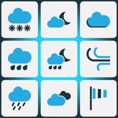 Hava renkli simgeler kümesi. Rüzgar hızı, bulutlu gökyüzü, kar yağışı ve diğer öğeleri koleksiyonu. Ayrıca bulutlu, hafif, bulutlu gibi simgeler içerir.