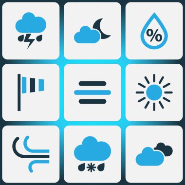 Hava renkli simgeler kümesi. Bulutlu gökyüzü, güneşli topluluğu, Rüzgar hızı ve diğer öğeleri. Ayrıca sembolleri böyle içerir olarak güneşli, bulut, yağmur.