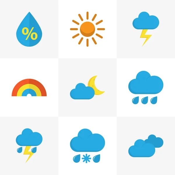 Meteorologie platte Icons Set. Collectie van bewolking, regen en de Flash en andere elementen. Ook bevat symbolen zoals zon, bliksem, Drizzles. — Stockvector