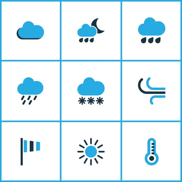 Meteorología Conjunto de iconos de colores. Colección de Termómetro, Viento, Nieve y Otros Elementos. También incluye símbolos como la bandera, la lluvia, la temperatura . — Vector de stock