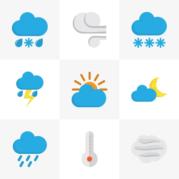 Klimaat platte Icons Set. Collectie van douche, winderig, wassende en andere elementen. Ook bevat symbolen zoals sneeuw, douche, hagel. — Stockvector