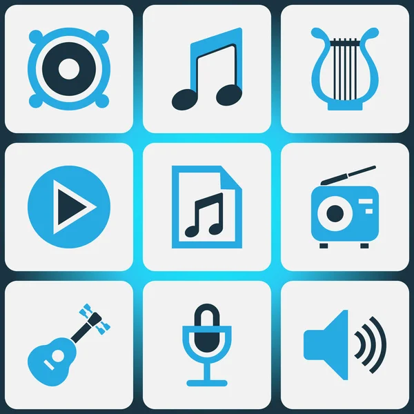 Sada multimediálních barevné ikony. Kolekce, mikrofon, kytaru, objem a další prvky. Zahrnuje také symboly, například tlačítko, Play, stop. — Stockový vektor