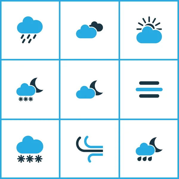 Klimaat gekleurd Icons Set. Collectie van bewolking, Wind, wind en andere elementen. Ook bevat symbolen zoals Night, Gust, motregen. — Stockvector