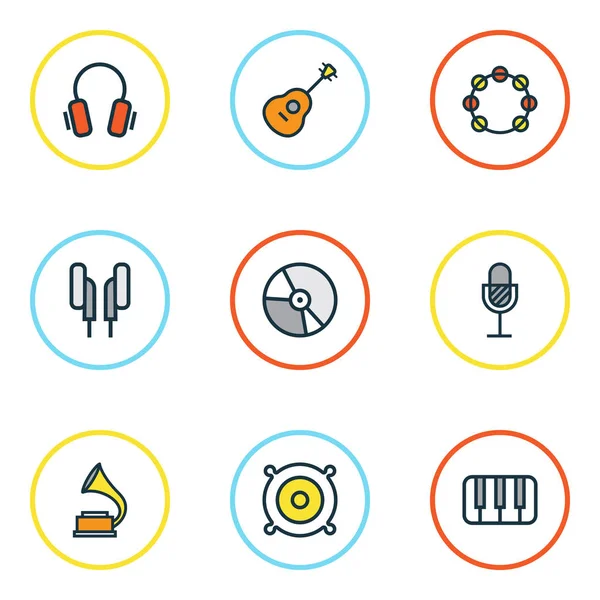 Multimedya renkli anahatlar küme. Tef, anahtarlar, daire ve diğer öğeleri koleksiyonu. Ayrıca müzik, fonograf, kulaklık gibi simgeler içerir.