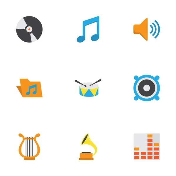 Icone Audio Flat Set. Raccolta di controllo, Dj, altoparlanti e altri elementi. Include anche simboli come audio, vinile, banda . — Vettoriale Stock